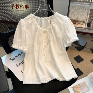 子牧棉麻 2026夏装 小花边v领绑带短袖上衣9522 白色 M (建议95-115斤)