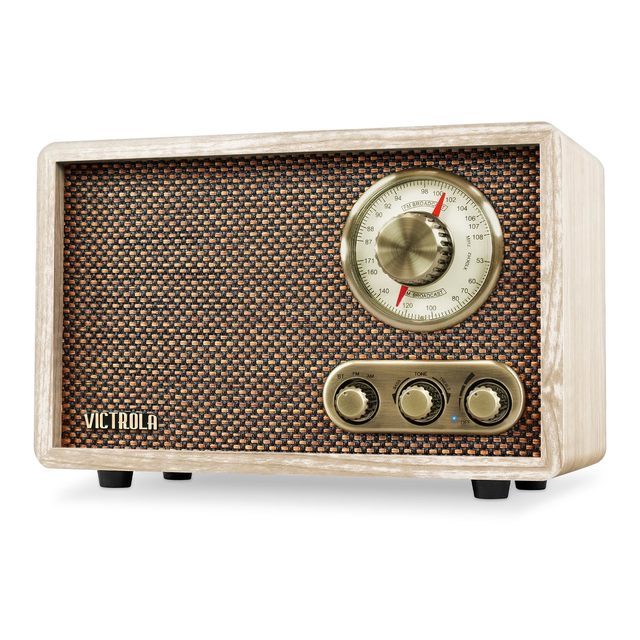 Victrola 复古木质蓝牙收音机内置扬声器,优雅复古设计,旋转式 AM/FM 调谐表盘,无线流媒体,自然
