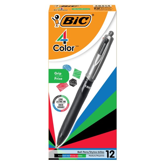 Bic 四色圆珠笔 1.0mm中粗 按动伸缩 黑蓝红绿墨水 12支装