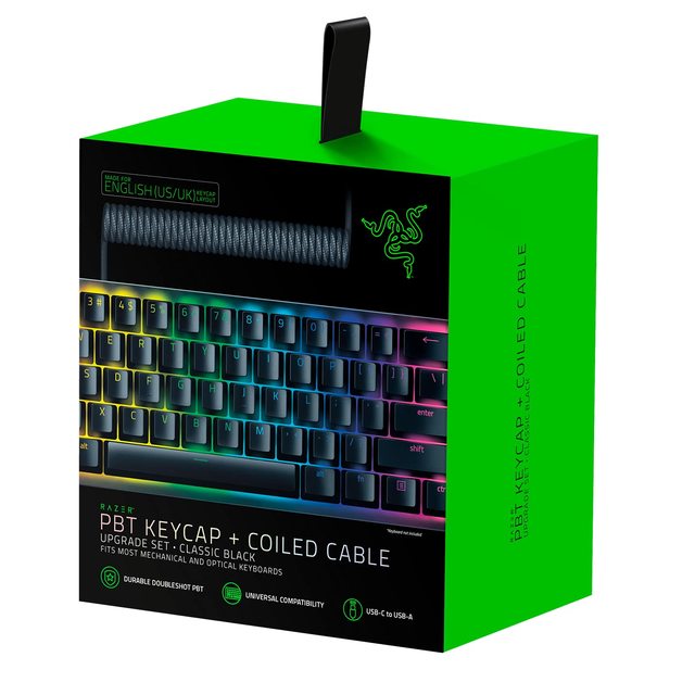 Razer 雷蛇 PBT 键帽 + 线圈电缆*套装:耐用双排 PBT - 通用兼容性 - 键帽拆卸工具和稳定器 - 战术卷绕设计 - 编织纤维电缆 - 经典黑色