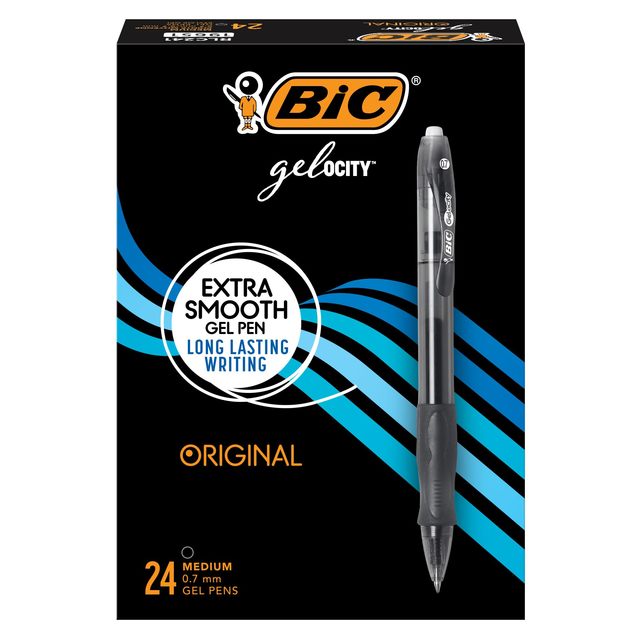 Bic Gelocity 原装黑色凝胶笔,中等笔尖(0.7 毫米),24 支装,可伸缩凝胶笔,握感舒适