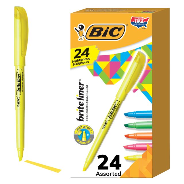 Bic 荧光笔 凿尖笔头 24支装 多彩混合 着色用 防干燥8小时