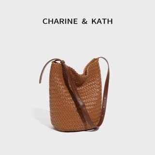 CHARLES & KEITH 小ck女包真皮手工编织包包女水桶包度假休闲托特包 棕色 专柜礼袋包装