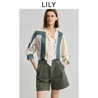 LILY 商场同款2025秋新款女装复古飘带领印花休闲长袖衬衫外套 310墨绿