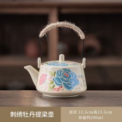 棠门 国潮家用单壶刺绣牡丹提梁壶