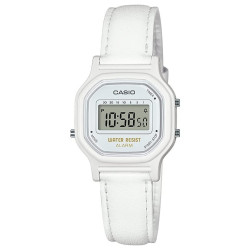 CASIO 女士全白真皮表带防水数字手表简约时尚小方表