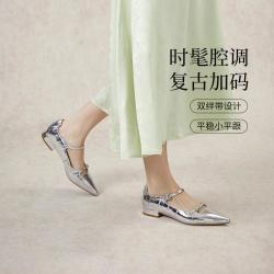 千百度 云柔织梦玛丽珍女鞋法式复古尖头方跟单鞋时尚优雅小皮鞋
