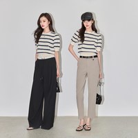 LILY 复古条纹泡泡袖修身短款针织衫