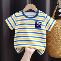SKONWAT 婴儿短袖T恤衣服女童男童夏装童装半袖上衣0岁1幼儿3宝宝女 纯棉-I41-蓝条 80 cm_适合70cm，18斤以内