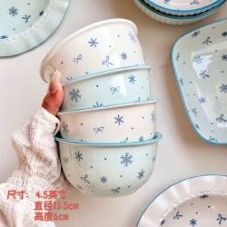 OIMG 初雪 高温釉下彩陶瓷餐具套装 奶蓝色简约家用碗盘 4个装 2蓝2白
