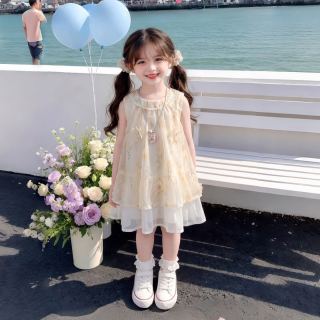 靓贝城堡 女童连衣裙夏季薄款洋气女宝无袖背心裙子2026新款儿童时尚公主裙 蓝色 100