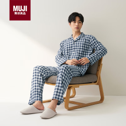 無印良品 MUJI 男士无侧缝 双层纱织睡衣 软棉棉内衣 藏青色格纹 XL