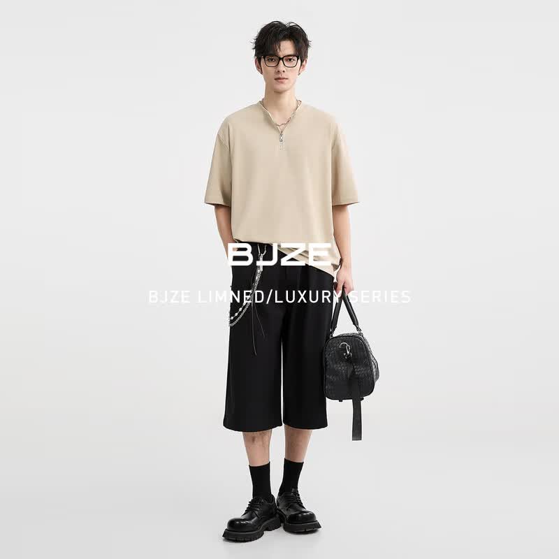 伯爵卓尔 T523146 半拉链设计 杏仁色 2XL 男士短袖T恤