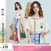 两三事 梵高文艺 女士印花短袖T恤 彩绳绑带领 2025夏季新款