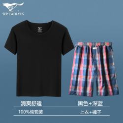 七匹狼 纯棉睡衣男家居服套装夏季薄款全棉外穿睡衣男宽松舒适睡裤2件套 黑色上衣+深蓝短裤