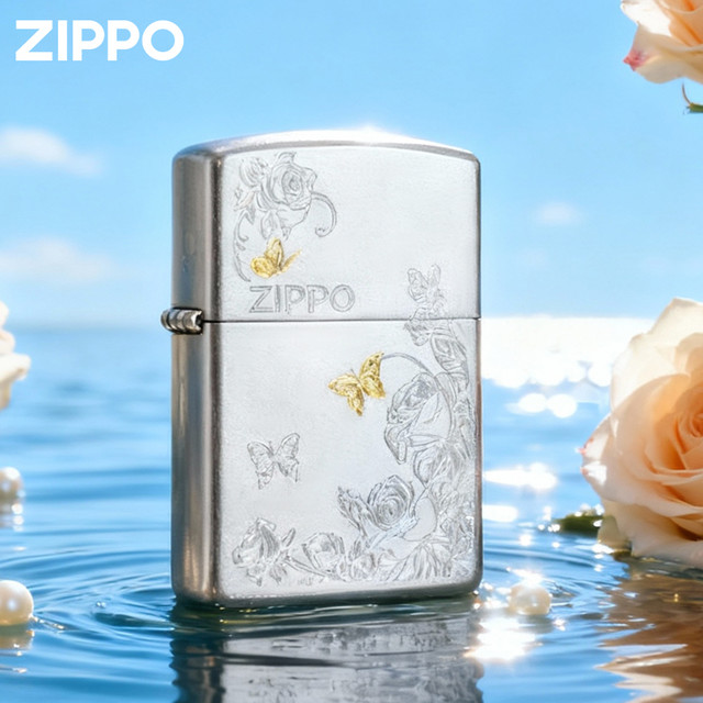 移动专享、移动端：ZIPPO 蔷薇与蝶刀刻缎纱镀铬打火机 防风 官方正品 男生礼物