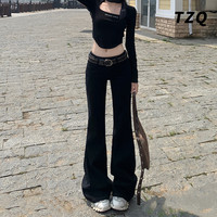 淘稚气 美式辣妹低腰显高微喇裤女时尚显瘦遮胯喇叭黑色牛仔裤子TZQ80932