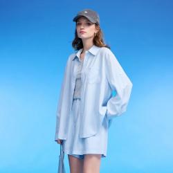 DKNY 宽松纯色长袖衬衫套装高腰阔脚短裤女
