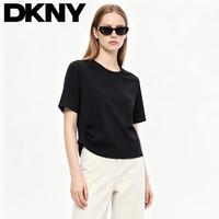 DKNY 夏季时尚纯色百搭日常休闲侧下摆翻折圆领女式短袖T恤上衣
