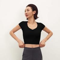bebe 新款带胸垫瑜伽服短袖免穿内衣运动T恤透气短款修身普拉提健身上