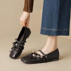 bebe 方头粗跟舒适皮鞋女款单鞋女春秋新款时尚玛丽珍女鞋