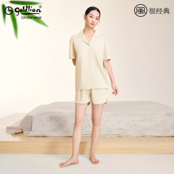 金利来 纯棉家居服女夏季短袖短裤睡衣套装翻领纯色外穿居家服 棉款-玉石白 L (165)