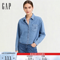 Gap 女装秋季款压印logo长袖水洗棉质宽松牛仔衬衫 816541