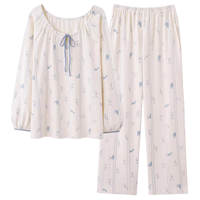 莫代尔 100%纯棉 圆领长袖 浅粉水墨 2XL 家居服套装