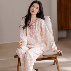 莫代尔 100%纯棉睡衣套装 女士长袖圆领春夏季可外穿家居服 浅粉水墨-66314 M