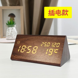 wood show 复古木质闹钟 LED静音电子钟创意床头钟 新1610三角形插电款