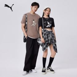 PUMA 纯棉宽松短袖休闲T恤男女款情侣新款夏季运动上衣 691854 黑色-01