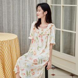 顶瓜瓜 浪漫花卉 女士睡裙 泡泡袖中长裙