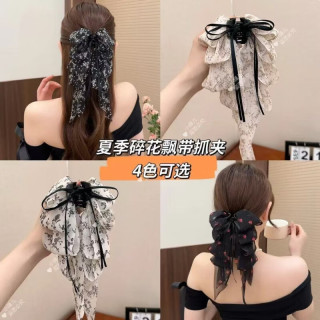 法式碎花印花蝴蝶结马尾夹 黑白款