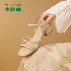 木林森 一字带凉鞋女款外穿粗跟配裙子仙女气质水钻高跟凉鞋 卡其
