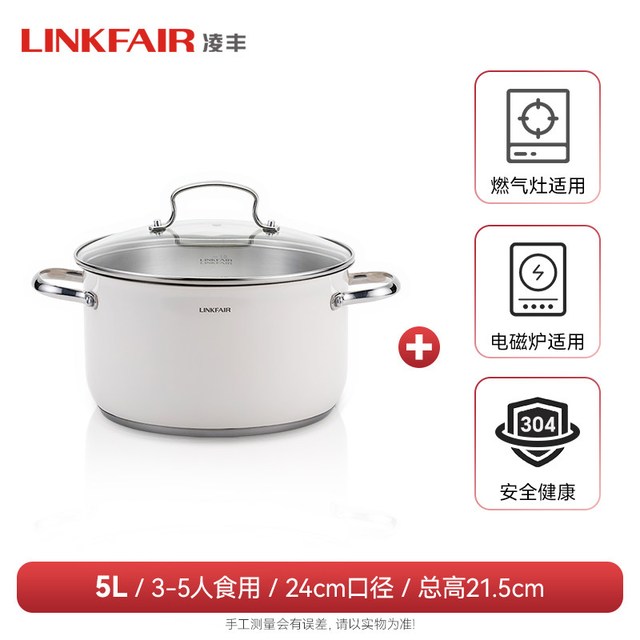 凌丰 304不锈钢汤锅家用无涂层汤煲双耳煮锅炖锅电磁炉燃气通用 24cm 5升