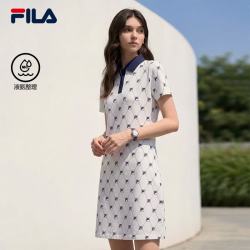 FILA 女针织连衣裙 2026夏新款休闲满印花经典修身POLO裙