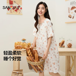 三福 蝴蝶结短袖格子睡衣 米色碎花 M