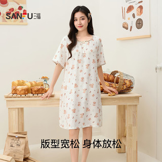 三福 蝴蝶结短袖格子睡衣 米色碎花 M