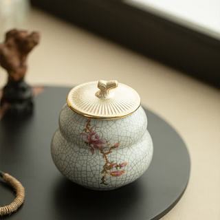 灵沐 仿宋汝窑开片纹 葫芦玉兰花 茶叶罐