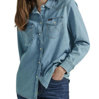 Wrangler 女士男友风牛仔衬衫 按扣设计 透气舒适 休闲百搭 冰川色 Medium