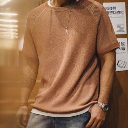 马登 美式复古橙色针织短袖T恤