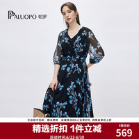帕罗 14姆米乔其真丝连衣裙 V领七分袖印花碎花 蓝黑色 M