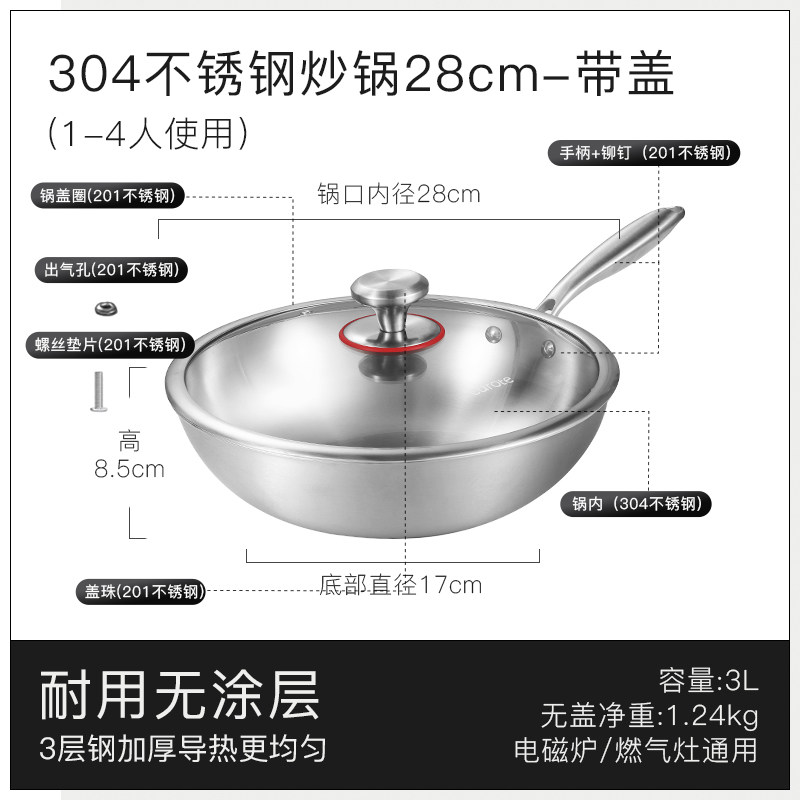 加厚304不锈钢-28cm炒锅-带盖