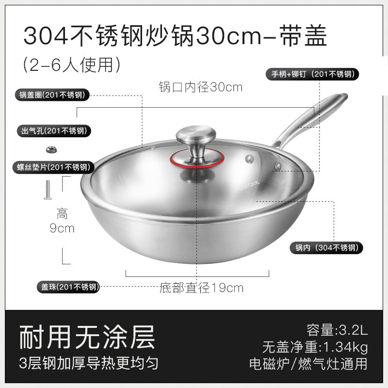 加厚304不锈钢-30cm炒锅-带盖