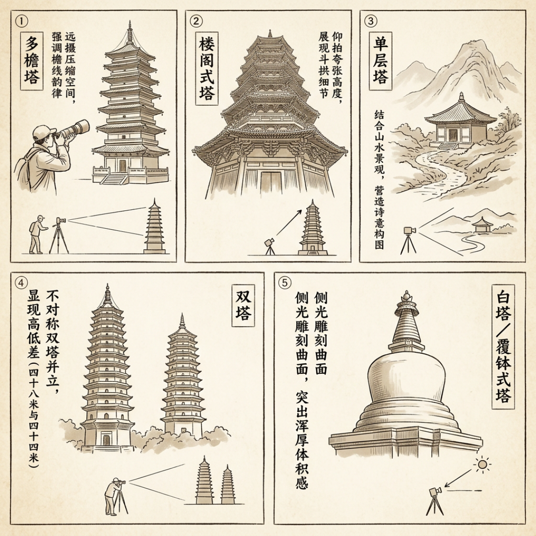 5种古塔拍摄策略手绘示意图