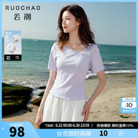 三彩 大码女装2026夏季新款淡紫T恤收腰显瘦花边温柔微胖MM 淡紫色 M 160/88B