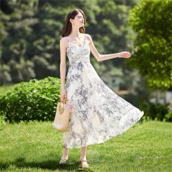 她池 莱赛尔水墨印花吊带修身连衣裙