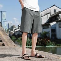 月伊纺 中国风棉麻短裤男士宽松直筒裤青年100%纯棉休闲裤学生宽松大裤衩