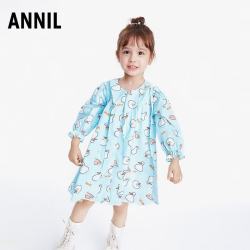 安奈儿 女童连衣裙纯棉秋宝宝长袖洋气可爱中长款小孩裙子 蓝调花 110 cm