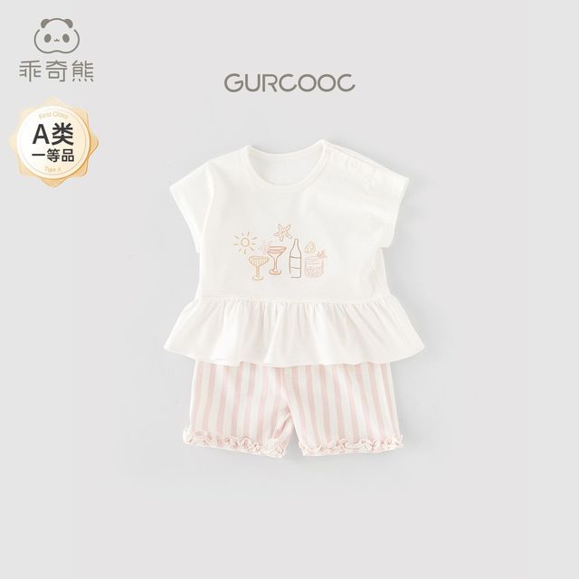 乖奇熊 女童夏季套装女宝宝纯棉短袖T恤短裤甜美两件套婴幼外出薄款衣服